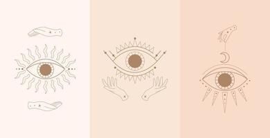 Set of mystic eyes with woman hands. Vector illustration in boho style