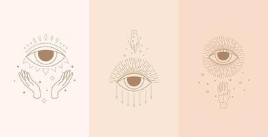 Set of mystic eyes with woman hands. Vector illustration in boho style