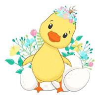 Happy Easter. Cute duckling with eggs. Vector illustration.