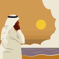 arabian make adzan on the beach when dusk vector