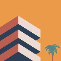 edificio plano con árbol y cielo naranja vector