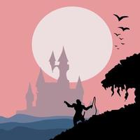 knight facing castle under full moon vector