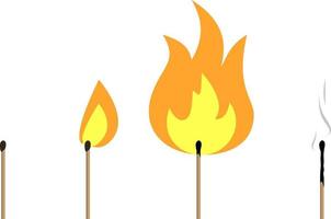 Color set of different matches. Contains new match, burning match, burnt down match with smoke. vector