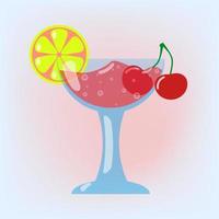 Fresh summer cocktail with cherries and orange in wineglass for holiday or party in pink background. vector