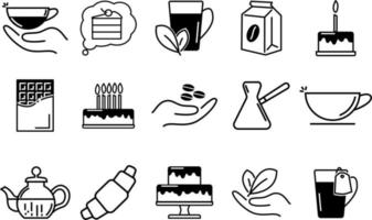 Set of coffee and tea icons. Contain cup of coffee or tea, different birthday cakes, chocolate and hands. vector