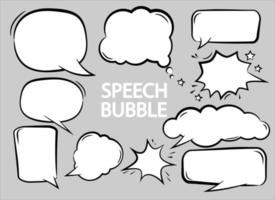 Burbujas de dibujos animados cómicos de diferentes discursos vacíos establecidos en fondo gris, vector de icono de signo de chat de comunicación