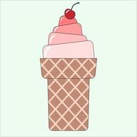 Colorful ice-cream in waffle cone with cherry on the button in light green background. vector