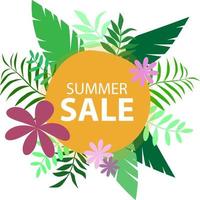 Vector poster with tropical leaves and text Summer Sale in the round frame. Banner design template.