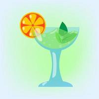 jugo de mojito fresco con menta y naranja en copa de vino para vacaciones o fiestas con fondo verde claro. vector