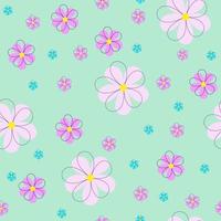 Floral seamless pattern, cute pink and blue cartoon flowers on light green background. vector