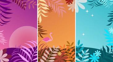 conjunto de diseños abstractos de fondo de verano para la venta, pancarta, afiche. flores planas, hojas de palma, flamenco. vector