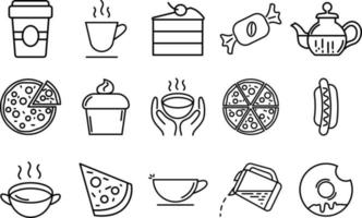 Set of coffee and tea vector line icons. Contain coffee beans, cup, coffee machine, cappuccino, hands with coffee,  tea.