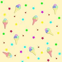 Colorful ice-cream cone with star and cherries seamless patter on light yellow background. vector