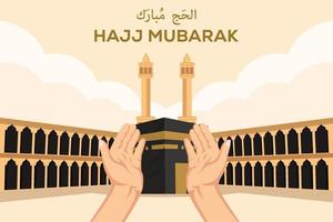 hajj mubarak diseño plano con las manos en posición de oración en el frente sagrado kaaba vector
