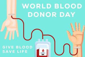 banner world blood donor day with hand donating blood and hand receive blood donation vector