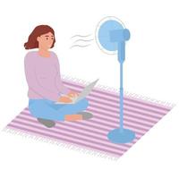 Woman is sitting in front of a fan enjoying a refreshing stream of air in hot weather. Remote work at home. Flat. Vector illustration