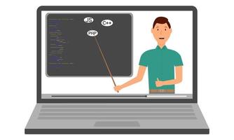 IT courses. Learning programming languages online. The teacher shows the program code on the laptop screen. Flat. Vector illustration