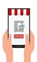 Order kitchen appliances via the mobile app. Image of hands holding a phone or tablet. Flat. Vector illustration