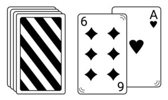 Hand drawn deck of cards and two cards. Board game for a pleasant pastime. Doodle sketch. Vector illustration