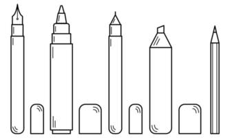 Hand drawn set of writing materials. Pen, felt-tip pen, pencil, fountain pen. Doodle sketch. Vector illustration