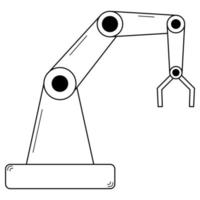 Hand drawn robotic arm. Development of manipulators, robotics. Assembly at the conveyor production. Doodle sketch. Vector illustration