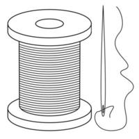 Hand drawn bobbin with threads and a needle with a threaded thread. Embroidery tools. Doodle scetch. Vector illustration