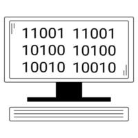 Hand drawn computer with binary code on the screen. Device for complex computing tasks. Doodle sketch. Vector illustration