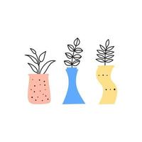 Doodle outline wild plants, herbs, twigs, berries in pastel vases isolated on white background. Simple home interior decor. vector