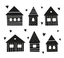 Set of black doodle houses in Scandinavian style isolated on white background. vector