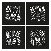 Set of cards with doodle white leafy twigs, wild herbs, plants, berries isolated on black background. vector