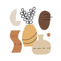 arte minimalista de collage contemporáneo abstracto con jarrones, plantas y formas geométricas ioladas sobre fondo blanco. cartel de mediados de siglo en colores marrón y pastel. vector