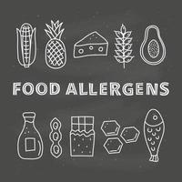 Poster with lettering and doodle outline food allergens icons including corn, pineapple, cheese, wheat, papaya, milk, beans, chocolate, honey combs, fish isolated on blackboard.