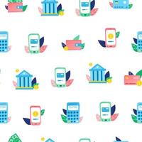 Seamless pattern with colorful conceptual flat doodle bank, smartphone, wallet, credit card, coins icons. vector