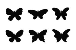 Set of doodle black butterfly silhouettes on wings isolated on white background. vector