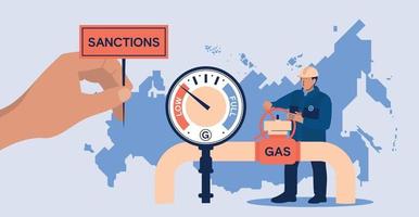 suministros de gas de rusia. sanciones un trabajador de sexo masculino gira una válvula en un gasoducto. mapa de rusia. imagen vectorial vector