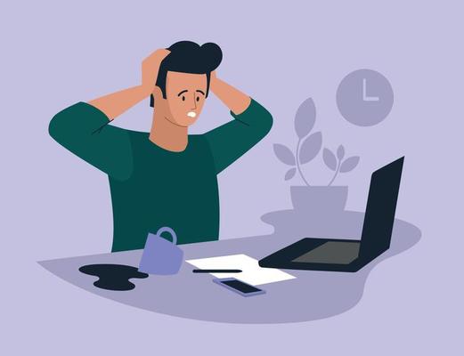 Online work. Man with a laptop. People and business. The working process. Problems at work. Infographics, presentation. Freelancer, work from home. Vector image.