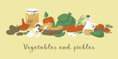 Vegetables and pickles. Dishes and products of Russian cuisine. Lenten food. Vector image.