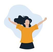 Happy people. The woman raised her hands up and rejoice in life. The girl's hair flutters in the wind. Vector image.