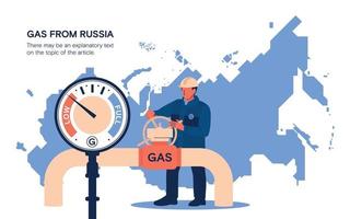 Gas supplies from Russia. Sanctions. A male worker turns a valve on a gas pipeline. Map of Russia. Vector image.