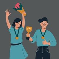 Winners. A woman with a medal and a bouquet of flowers. A man with a medal holds a victory cup. Boy and girl rejoice in victory. Vector image.