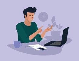 Online work. Man with a laptop. People and business. The working process. Infographics, presentation. Freelancer, work from home. Vector image.