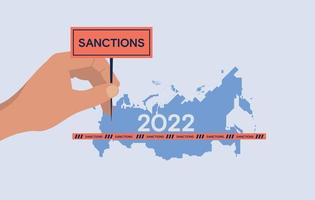Sanctions against Russia. Map of Russia and restrictions imposed on it. The hand is holding a tablet. Vector image.