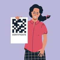 Girl with a QR-code and a certificate. Vector image.