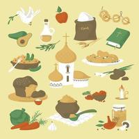 Great post. A set of lenten dishes and church paraphernalia. Religious holiday. Vector image.