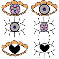 1970s style good mood. Psychedelic eye elements in retro style. Hand drawn.
