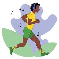 a dark-skinned man on the run listens to music with headphones. vector illustration on a white background.