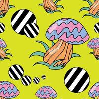 Psychedelic vintage pattern in the style of good vibes of the 1970s.retro illustration of mushrooms. vector
