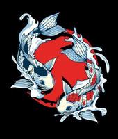 Detailed Hand Drawing Illustration of Two Koi Fish Swimming in the Waves with a Red Circle Background. vector