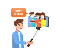 Teenage boy celebrates his birthday via video call vector