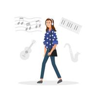 A woman walking while listening to music vector